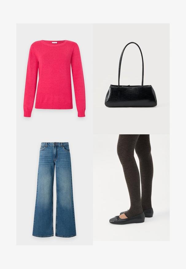 Pull fuchsia avec un col rond, des manches longues et des poignets et un ourlet côtelés. Confectionné en maille douce avec une texture lisse.; Jeans en denim bleu à jambe large avec une finition délavée, design à cinq poches et taille standard avec un bouton en métal et une fermeture éclair.; Jambes portant des leggings côtelés foncés associés à des ballerines noires avec de petits détails en nœud sur fond blanc.; Sac à épaule rectangulaire noir avec de longues bretelles fines et une texture lisse et brillante sur un fond uni.