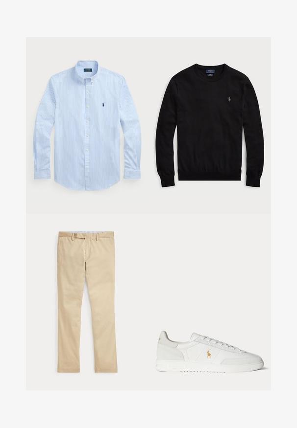 Must musta pikkade varrukatega crewneck-kampsun, millel on vasakul rinnal väike Polo Ralph Laureni tikandlogo.; Hele helesinise triibuline nööbiga särk, pikkade varrukatega, valged nööbid, klassikaline krae, vasakul rindkere kohal väike tumesinine logo. Puuvillane kangas.; Beeži sirgete säärega püksid vööaasade ja ees oleva tõmblukuga, laotatud tasaselt valgele taustale.; Valge madala säärega tennisking paeltega, kuldse Polo Ralph Laureni logoga küljel ja tekstureeritud tallaga ühevärvsel taustal.