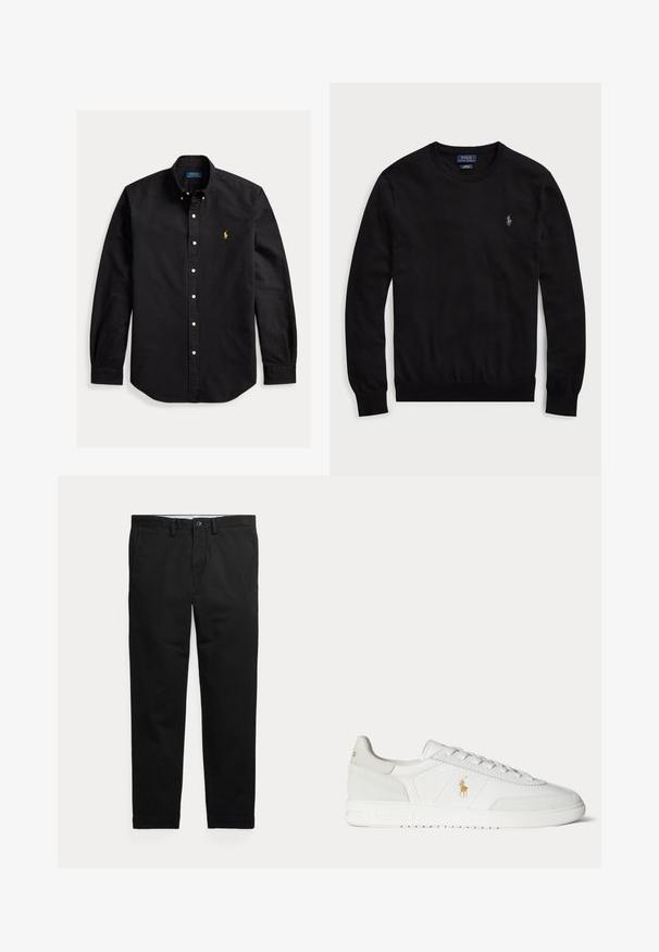 Schwarzer Langarm-Pullover mit Rundhalsausschnitt und kleinem, auf der linken Brust eingesticktem Polo Ralph Lauren-Logo.; Schwarzes, langärmliges Hemd mit Knopfleiste, knöpfbarem Kragen und kleinem gelbem Polo Ralph Lauren-Logo auf der linken Brust.; Schwarze Hose mit geradem Bein, Gürtelschlaufen, Frontknopf und Seitentaschen, flach auf hellem Hintergrund dargestellt.; Weißer Sneaker in niedriger Ausführung mit Schnürdesign, goldenem Polo Ralph Lauren Logo an der Seite und strukturierter Sohle auf einfarbigem Hintergrund.