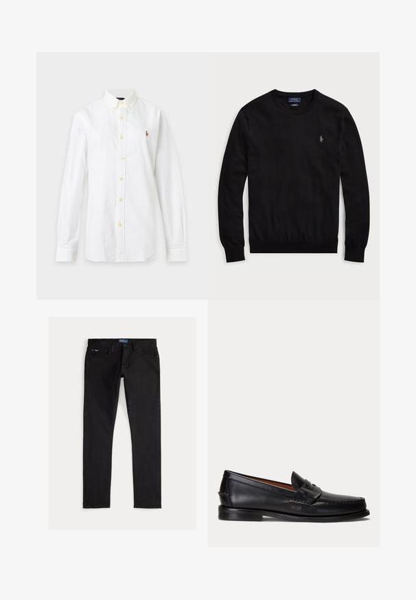 Sort langærmet crewneck-trøje med lille Polo Ralph Lauren-logo broderet på venstre bryst.; Hvid skjorte med lange ærmer, knapper og krave samt lille broderet logo på venstre bryst mod en ensfarvet baggrund.; Sorte denimjeans med slim pasform, der har fem lommer, bæltestropper og et blåt mærke på linningen. Glat, holdbart stof.; Sort læderloafer med lav hæl og pennyremdetalje, vist fra siden på en lysegrå baggrund.