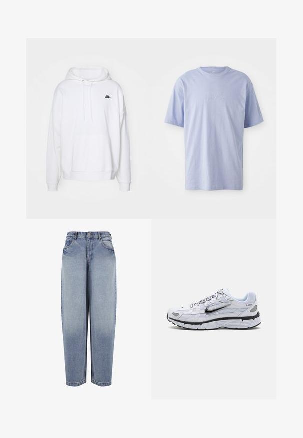 Sudadera blanca hecha de tela suave, con un bolsillo canguro, cordones en la capucha y un pequeño logo negro de Nike en el pecho.; Camiseta de algodón azul claro con escote redondo y mangas cortas. Presenta un logo "nike" en relieve en el centro del frente. Textura suave.; Vaqueros azules de mezclilla de tiro alto y corte holgado, con bolsillos delanteros, trabillas para cinturón, cierre de botones y detalles desgastados a lo largo de las piernas.; Zapatilla de running blanca con parte superior de malla, punta redondeada, acentos negros y una suela con patrón. Presenta cordones y una marca en el lateral.