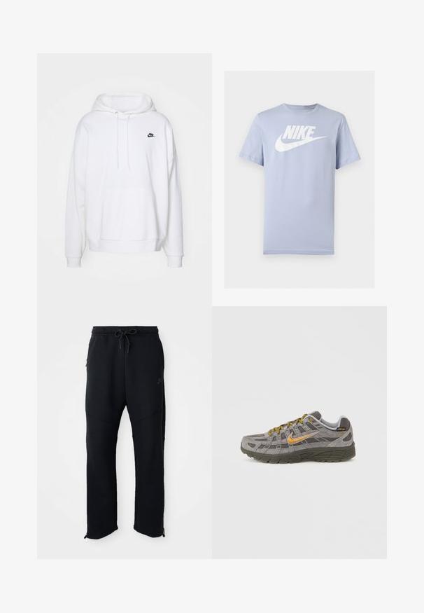 Biela mikina z mäkkého materiálu, s klokankou, šnúrkami na kapucni a malým čiernym logom Nike na hrudi.; Svetlomodré krátke bavlnené tričko s bielym logom Nike a grafikou Swoosh na hrudi, zobrazené na jednoduchom pozadí.; Čierne športové nohavice s elastickým pásom a šnúrkou, majú postranné vrecká, zúžené nohavice a zipsy na členkoch. Hladká textúra.; Šedá semišová teniska so zlatými akcentmi, textúrovanými panelmi a zladenými šnúrkami. Má polstrovanú podrážku a detail loga na boku.