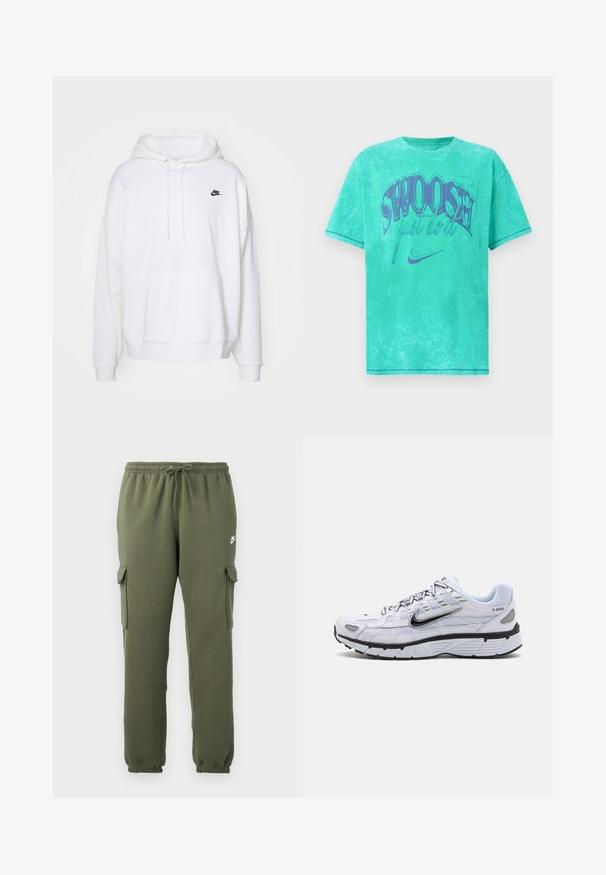 Hvid hoodie lavet af blødt stof, med en kængurulomme, snore i hætten og et lille sort Nike-logo på brystet.; Mintgrøn oversized T-shirt med en falmet tekstur. Har et iøjnefaldende lilla "SWOOSH" grafik med teksten "just do it" og Nike-logo.; Oliven grønne cargo bukser med elastisk talje, snorelukning, sidelommer og brandet logo på låret. Glat bomuldsblanding.; Hvide løbesko med mesh-overdel, rund tå, sorte accenter og mønstret sål. Har snøring og branding på siden.