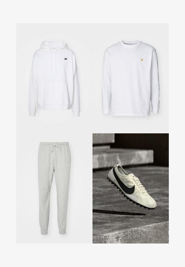 Witte hoodie van zacht materiaal, met een kangoeroezak, koordjes aan de capuchon en een klein zwart Nike-logo op de borst.; Witte lange mouwen t-shirt van katoen. Voorzien van een klein gouden logo op de borst en een ronde hals. Eenvoudig ontwerp en standaard pasvorm.; Grijze sweatpants gemaakt van zacht materiaal met een elastische tailleband, een trekkoordsluiting en ribgebreide boorden. Voorzien van een klein logo aan de zijkant.; Witte Nike-sneaker met zwart Swoosh-logo, veters en een rubberen zool met grip, getoond in de lucht boven betonnen trappen.
