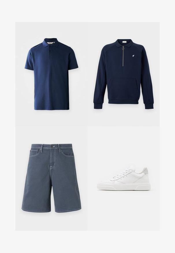 Tumesinine pika varrukaga pullover kraega, poole tõmblukuga ümmarguse tõmbajaga, kängurutasku ja väikese valge linnu logoga rinnal.; Tumesinine polo-särk, mis on valmistatud puuvillast, klassikalise kraega, kahe nööbiga pluus, lühikeste varrukatega ja väikese tikandiga logoga.; Tumed sinised puuvillased lühikesed püksid valgete õmblustega, viie taskuga ja nupu sulgemisega vööl. Sirge jala disain, minimaalne detailide arv.; Valged nahast spordijalatsid siledast nahast viimistlusega, ümarate varvastega, lamekestega ja tekstuuriga tallaga. Hall suede aktsent kanna juures.