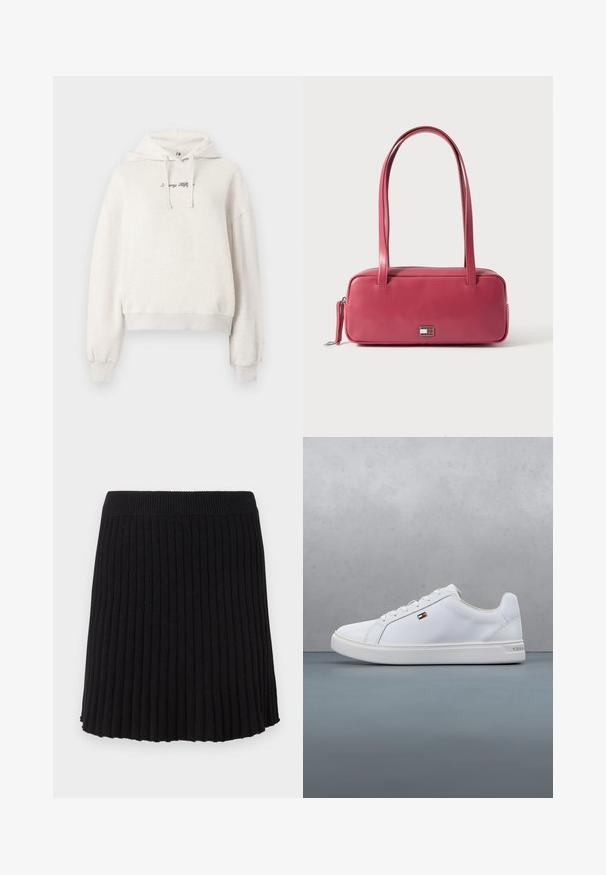 Lys beige cropped hoodie med snor i huen, ribbede manchetter og kant. Har broderet tekst på brystet. Blød stoftekstur.; Sort ribbet strikket nederdel med en bred talje, der har lodrette plisseringer og en udvidet kant. Ensartet tekstur hele vejen igennem.; Hvide sneakers lavet af glat syntetisk materiale, med en rund tå, flad sål og minimalistisk design med en lille logoaccent.; Lyserød læderhåndtaske med rektangulær form, dobbelte håndtag og en lille metalemblem på fronten, med en glat, blank tekstur.