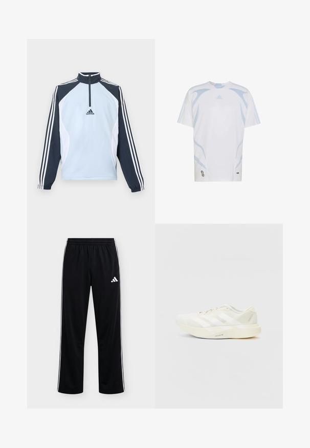 Lyseblå pulloverjakke med høj krave, halv lynlås og mørkeblå og hvide accentpaneler. Indeholder tre hvide striber på ærmerne.; Hvid Adidas sportsskjorte med korte ærmer, lyseblå buede accenter og brandlogo placeret centralt under halsudskæringen.; Sorte Adidas træningsbukser med hvide sidelængder og logo på øverste venstre lår, elastisk talje, lige ben pasform.; Hvid atletiksko med mesh-overdel, prydet med tre hvide striber, rund tå og en lys sål mærket "LIGHTSTRIKE PRO."
