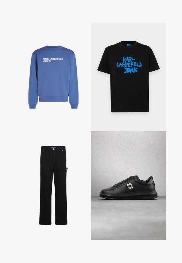 Blaues Sweatshirt aus Baumwollmischung, mit geripptem Rundhalsausschnitt, langen Ärmeln und dem weißen Logo "KARL LAGERFELD JEANS" auf der Vorderseite.; Schwarzes Baumwoll-T-Shirt mit kurzen Ärmeln, das auf der Vorderseite in fettem Graffiti-Stil mit blauer Sprühfarbe den Schriftzug "KARL LAGERFELD JEANS" präsentiert.; Schwarze Cargo-Hosen mit geradem Schnitt, ausgestattet mit zwei Fronttaschen, einer Gesäßtasche und blauen Akzenten an der Seite und am Bund.; Person trägt schwarze Lederhosen und schwarze Sneakers mit einem kleinen Comic-Charakter-Anhänger an der Seite, steht auf einem Holzboden.
