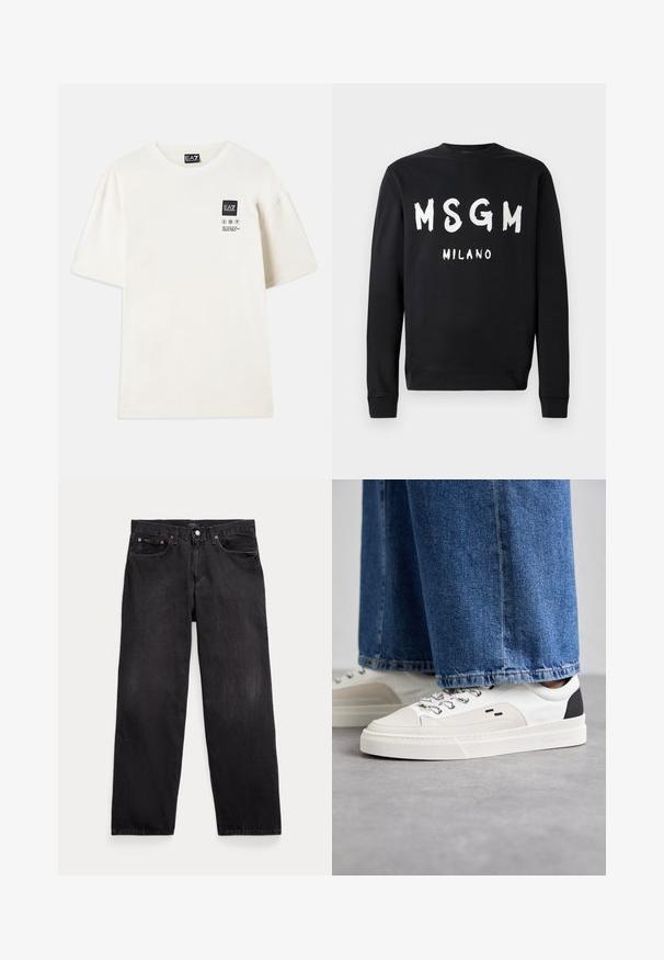 Musta pitkähihainen collegepaita, jossa etuosassa on valkoisella rohkealla tekstillä "MSGM" ja pienemmällä "MILANO"-tekstillä.; Lyhythihainen t-paita vaaleasta puuvillasta, jossa on musta suorakulmainen logopatch ja hoito-ohjeet painettuna mustalla rinnassa.; Mustat suoralahkeiset farkut, joissa viisi taskua, napitettava suljenta ja näkyvät metalliset niitit etutaskuissa.; Valkoiset ja mustat tennarit, joissa on sileä nahkapäällinen, tekstuuriakcentit ja paksu valkoinen pohja. Varustettu klassisella nauhakiinnityksellä.
