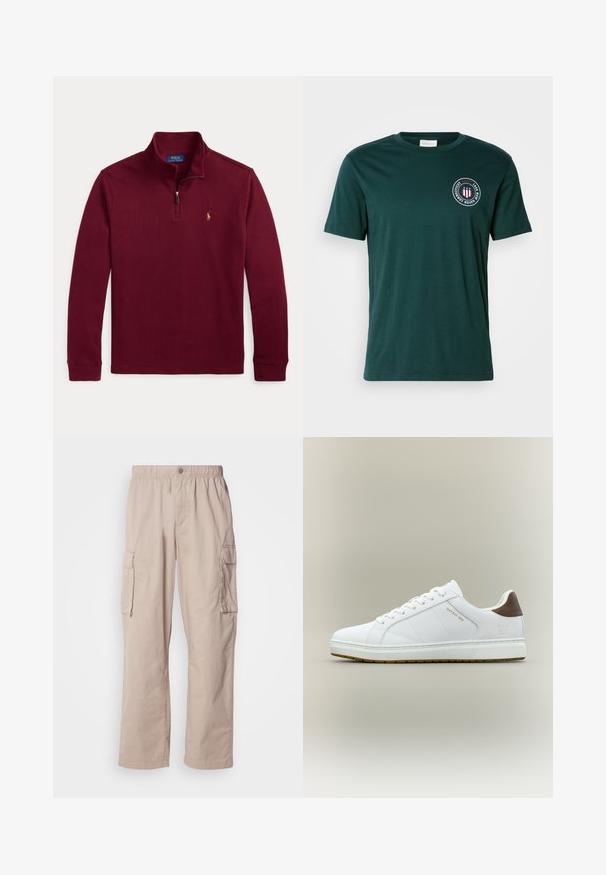 Viinapunane pikkade varrukatega pullover neljandiku lukuga ja väike tikitud logo vasakul rinnal.; Tume roheline puuvillane T-särk ümmarguse kaelusega ja lühikeste varrukatega. Rinnal on ringikujuline logo punases, valges ja sinises värvitoonis.; Beežid kargopüksid, mis on lõdva istuvusega, elastse vöökoha, nuppluku ja küljetaskutega. Valmistatud kerge ja siledapinnalise kangaga.; Valge madala säärega toss, millel on pruun kandmise klapp, valged nöörid ja kuldse värviga küljele trükitud tekst "GAP EST. 1969".