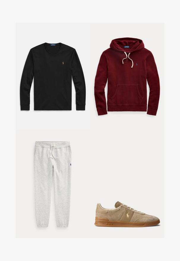 Donkerrode hooded sweater met witte trekkoorden, voorzak kangoeroezak en klein blauw Polo Ralph Lauren-logo op de linkerborst.; Zwart shirt met lange mouwen van zacht katoen, voorzien van een ronde hals en een klein geborduurd logo op de borst met kleuraccenten.; Lichtgrijze joggingbroek met elastische boorden, een taille met trekkoord, zijzakken en een klein donker logo op de bovenste linker dij.; Beige suède en leren lage sneaker met gumzool, witte veters en Polo-logo op de zijkant en zool.