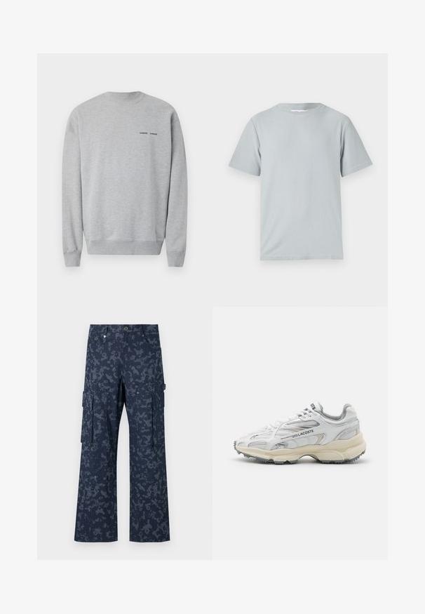 Sweatshirt gris en mélange de coton, avec un col et des poignets côtelés. Petit logo noir sur la poitrine. Texture lisse et coupe décontractée.; T-shirt gris clair à manches courtes en tissu doux et lisse, avec un col rond et une coupe décontractée, sans motifs ni éléments métalliques visibles.; Sean John SCRIPT LOGO CAMOUFLAGE - Pantalon cargo - blue; Baskets de sport blanches avec des accents gris, tige en maille et synthétique, design à lacets et semelle en caoutchouc texturée avec motifs de traction.