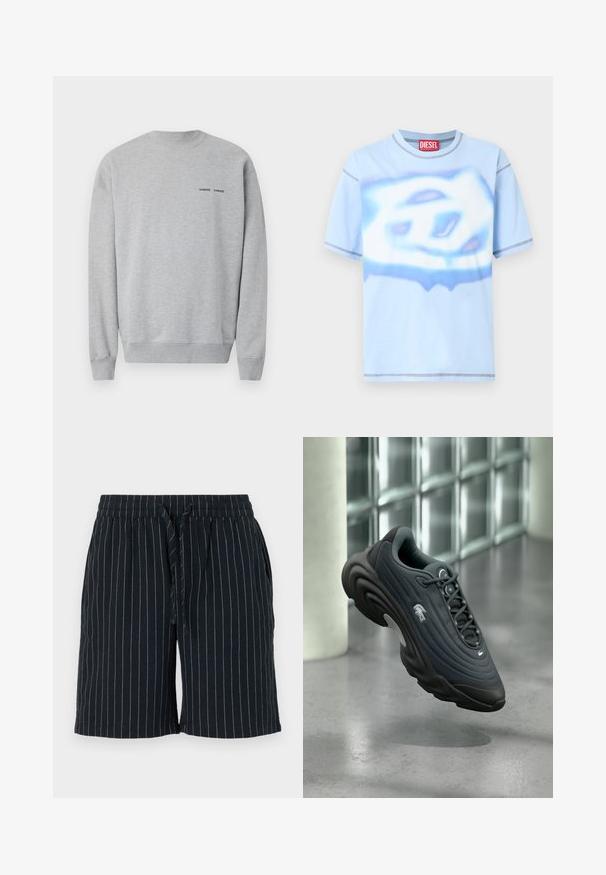 Sweatshirt gris en mélange de coton, avec un col et des poignets côtelés. Petit logo noir sur la poitrine. Texture lisse et coupe décontractée.; T-shirt Diesel bleu clair à manches courtes avec un graphisme abstrait blanc et bleu et des coutures visibles sur les manches et l'ourlet.; Shorts bleu foncé avec des rayures verticales claires, taille élastiquée, fermeture à cordon de serrage et poches latérales. Fabriqués en tissu léger.; Chaussure de sport gris foncé avec dessus texturé, design arrondi et logo blanc proéminent. Caractérisée par une semelle légère et un système de laçage.