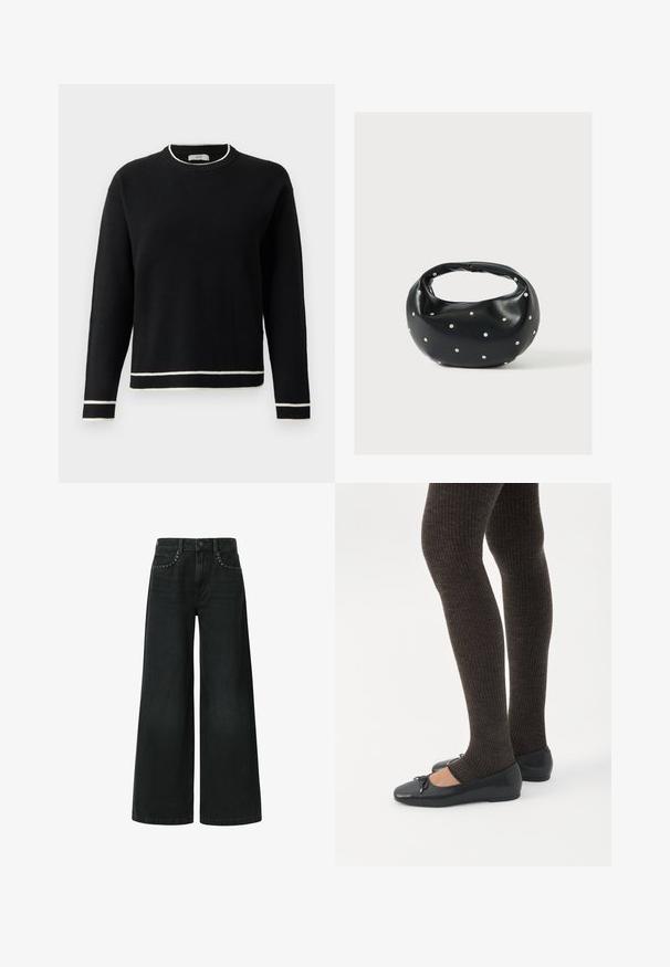 Zwarte langjarige crewneck trui met witte afwerking op de kraag, manchetten en zoom, weergegeven tegen een effen witte achtergrond.; Zwarte jeans met wijd uitlopende pijpen, gemaakt van denim, met een klassieke vijf-pocket design en decoratieve studded details nabij de voorkruiszakken.; Benen met donkere geribbelde leggings gecombineerd met zwarte ballerina's met kleine strikdetails op een witte achtergrond.; Zwarte leren handtas met een afgeronde vorm, versierd met zilveren studs, en een korte handgreep. Gladde textuur en ritsluiting.