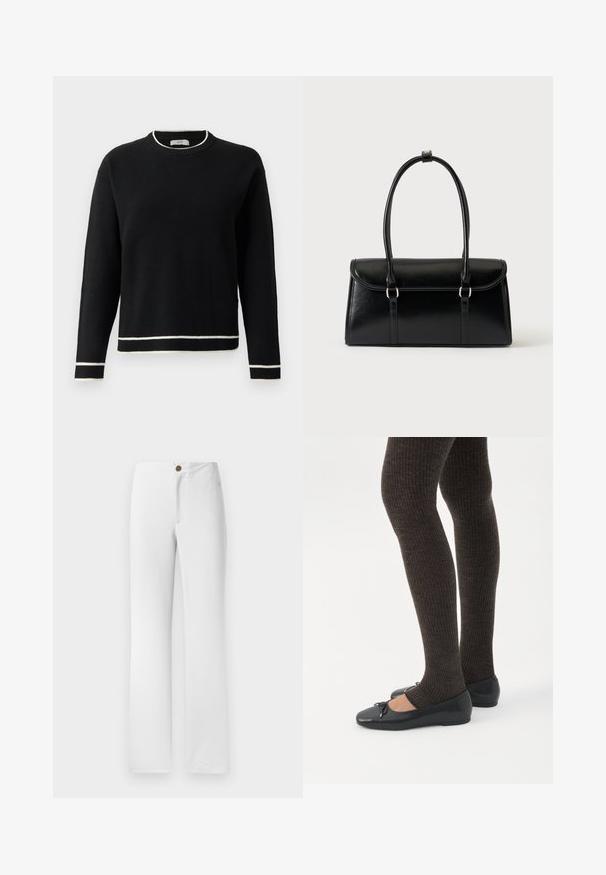 Pull noir à manches longues avec col rond, orné de détails blancs au col, aux poignets et à l'ourlet, présenté sur un fond blanc uni.; Pantalons blancs à jambes droites avec une fermeture à bouton doré, un devant plat et une texture de tissu lisse. Aucun motif ni embellissement visible.; Jambes portant des leggings côtelés foncés associés à des ballerines noires avec de petits détails en nœud sur fond blanc.; Sac à main rectangulaire en cuir noir avec fermeture à rabat et deux longues anses sur fond blanc uni.