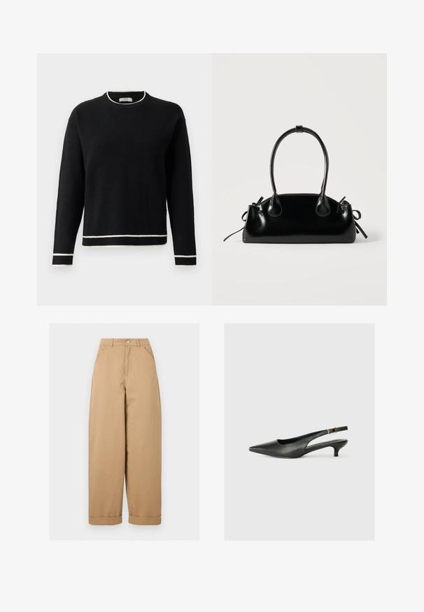 Pull noir à manches longues avec col rond, orné de détails blancs au col, aux poignets et à l'ourlet, présenté sur un fond blanc uni.; Pantalon beige taille haute à jambes larges avec poches avant, passants de ceinture, fermeture par boutons et ourlets retroussés.; Chaussure slingback noire à bout pointu en cuir lisse. Présente un talon fin et un détail de boucle sur la sangle réglable.; Petit sac à main noir brillant avec deux longues anses et des détails à cordon sur les côtés sur un fond clair uni.