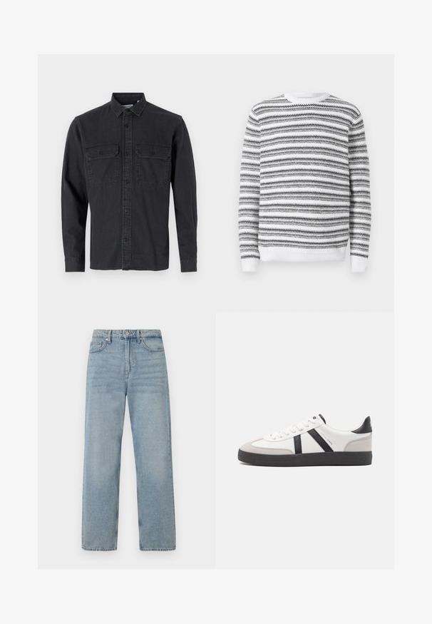 Pull en tricot avec un col rond, présentant des rayures horizontales noires et blanches et des bords côtelés aux poignets et à l'ourlet. Texture douce.; Chemise à manches longues, de couleur gris foncé, à boutons, en mélange de coton, avec deux poches poitrine et col classique.; Jean en denim bleu clair à taille haute, coupe droite, avec cinq poches et un léger délavage pour un effet usé.; Baskets blanches avec des accents noirs et gris, présentant un embout texturé gris, une semelle en caoutchouc noir et des lacets plats blancs. Design épuré, style minimaliste.