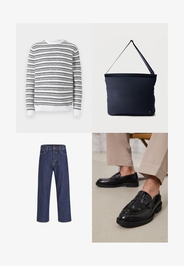 Strikket pullovertrøje med rund hals, der har sorte og hvide vandrette striber samt ribbede manchetter og kant. Blød tekstur.; Mørkeblå denimjeans med lige snit, fem-lomme design, metalknaplukning og kontrasterende syninger, der har en subtil tekstur.; Sorte lædermokkasiner med en glat overflade, der har en dekorativ rem og kontraststing, parret med beige bukser.; Navyblå rektangulær skuldertaske med justerbar sort strop og lille sort logopatch i nederste højre hjørne.