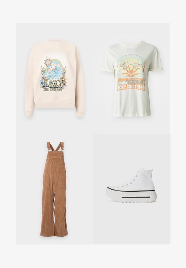 Beiger Pullover mit einem bunten Grafikdesign, das Berge, Wellen, Sonne und Blumen zeigt. Der Schriftzug "ROXY" ist deutlich sichtbar.; Cremefarbene Baumwoll-T-Shirt mit einem retro Grafikdesign mit Palmen, Sonne und "ROXY SINCE 1990" in orangefarbenen und teal Akzenten. Kurze Ärmel.; Braune Corduroy-Latzhosen mit weitem Bein, verstellbaren Trägern und Vordertasche. Weiche Textur mit vertikalem Rippmuster.; Weiße High-Top-Sneaker aus Canvas-Obermaterial, Gummisohle, mit schwarzem Streifen und Schnürverschluss. Texturierte Sohle für zusätzlichen Grip.