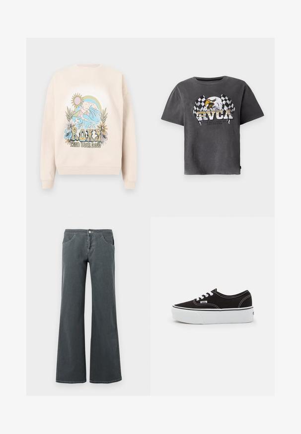 Beige sweatshirt med et farverigt grafisk design med bjerge, bølger, sol og blomster. "ROXY" tekst vist tydeligt.; Grå bomulds t-shirt med korte ærmer, der har en ørn grafisk og ternede flag. Designet inkluderer teksten "RVCA" og et slogan nedenfor.; Grå jeans med vidde, lavet af denim med en glat tekstur. Funktioner inkluderer en knaplukning, bælteløkker og forlommer.; Sort lærred sneakers med en hvid gummi platform sål, der har hvide snørebånd og syninger, ikonisk branding på siden, lav-top design.