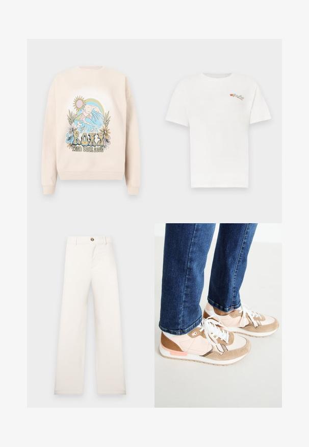 Sudadera beige con un diseño gráfico colorido que incluye montañas, olas, sol y flores. Texto "ROXY" mostrado de forma destacada.; Camiseta blanca de algodón con mangas cortas. Presenta un pequeño bordado floral multicolor en el lado izquierdo del pecho. Cuello redondo clásico.; Pantalones de pierna ancha en color beige, hechos de tela texturizada. Presentan un cierre frontal con botones y trabillas para cinturón. Diseño sencillo y limpio, sin patrones.; Zapatillas con una mezcla de piel en color rosa empolvado y ante beige, con cordones blancos, una entresuela blanca y una suela de goma texturizada. Jeans de mezclilla ligeramente recortados por encima del zapato.
