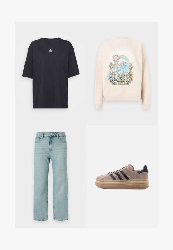 Beige sweatshirt met een kleurrijk grafisch ontwerp van bergen, golven, zon en bloemen. De tekst "ROXY" staat duidelijk weergegeven.; Zwarte katoenen T-shirt met korte mouwen, ronde halslijn, voorzien van een wit Adidas-logo op de borst. Eenvoudig ontwerp, comfortabele pasvorm.; Lichtblauwe wijde jeans van denim, met een klassieke vijf-pocketontwerp, strakke lijnen en een normale tailleband met een knoopsluiting.; Grijze suède sneaker met drie zwarte strepen, gouden merklogo en een brede, beige zool. Voorzien van textuuraccenten op de hiel.