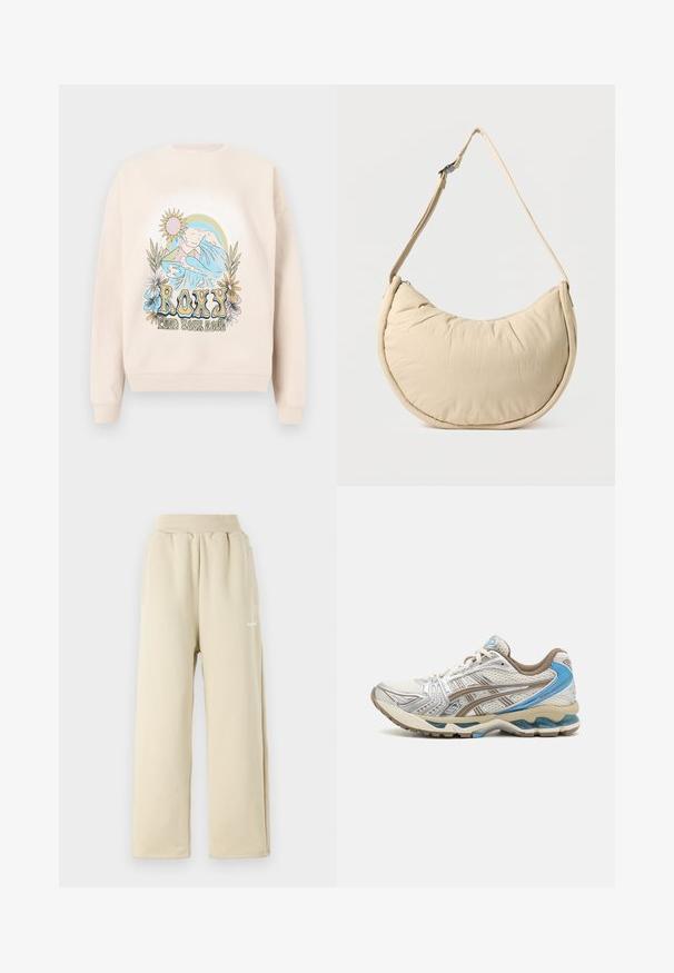 Beiger Pullover mit einem bunten Grafikdesign, das Berge, Wellen, Sonne und Blumen zeigt. Der Schriftzug "ROXY" ist deutlich sichtbar.; Beige weit geschnittene Sweatpants aus weichem Stoff, mit einem elastischen Bund, seitlichen Taschen und einem kleinen bestickten Logodetail.; Weißer und beiger Laufschuh mit blauen Akzenten, Mesh-Obermaterial, gepolsterter Sohle und Schnürdesign, von der Außenseite gezeigt.; Beige Halbmond-Schultertasche mit weicher, gepolsterter Textur. Verfügt über einen verstellbaren Riemen und einen Reißverschluss entlang der oberen Kante.