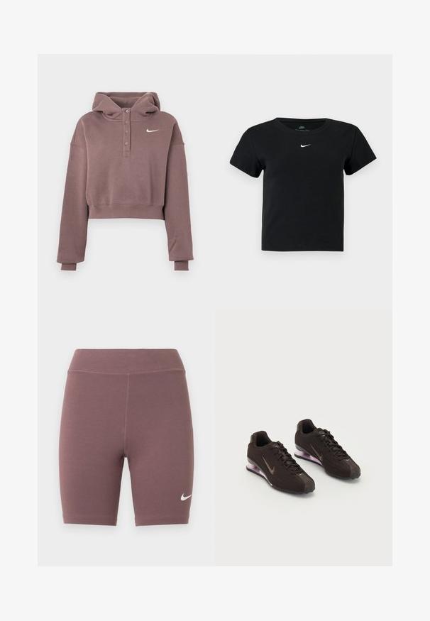 Mauve cropped hættetrøje med lange ærmer, knappet stolpe, ribbede manchetter og kant samt hvid Nike swoosh-logo på brystet.; Sort ribbet t-shirt med korte ærmer, der har et lille hvidt Nike-logo på brystet og en rund halsudskæring.; Bikershorts i en afdæmpet mauvefarve, lavet af elastisk stof. Har en høj talje og en lille hvid Nike swoosh-logo.; Sorte atletiksko med en tekstureret overdel, brune detaljer og en lilla luftfyldt sål. Snørebåndsdesign med fremtrædende branding.