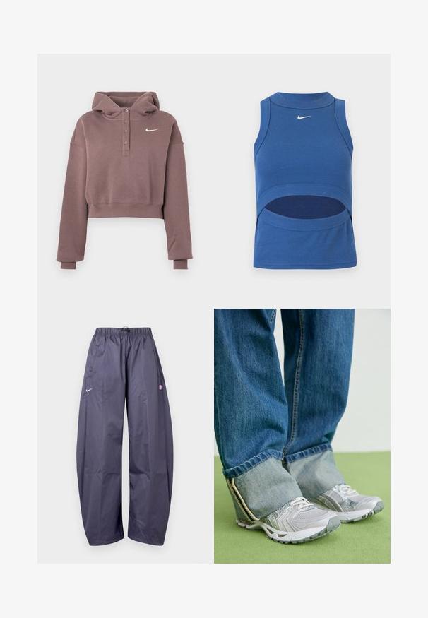 Mauve korte hoodie met lange mouwen, met knoopsluiting, geribbelde boorden en zoom, en een witte Nike swoosh logo op de borst.; Blauw mouwloos Nike crop top met hoge hals en een uitsnede bij de buik, geribde stof en wit Swoosh-logo middenvoor.; Loszittende donkergrijze Nike-trainingsbroek met elastische tailleband, zijzakken en een klein roze logo op de rechterdij.; Grijze sportieve schoenen van mesh materiaal met witte accenten, in combinatie met blauwe denim jeans die aan de enkels zijn omgeslagen.