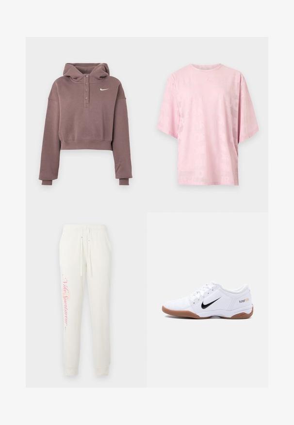 Mauve korte hoodie met lange mouwen, met knoopsluiting, geribbelde boorden en zoom, en een witte Nike swoosh logo op de borst.; Lichtroze T-shirt met korte mouwen en een ronde hals, voorzien van een subtiel overal ingebosseleerd tekstpatroon en een klein verhoogd logo op het midden van de borst.; Witte sweatpants met een taps toelopend ontwerp, voorzien van een roze "Nike Sportswear" logo op het linkerbeen en een elastische tailleband met trekkoorden.; Witte Nike Total 90 III zaalvoetbalschoen met zwart swoosh-logo en gumzool, zijaanzicht op een effen achtergrond.