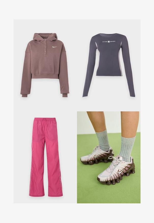 Mauve cropped hættetrøje med lange ærmer, knappet stolpe, ribbede manchetter og kant samt hvid Nike swoosh-logo på brystet.; Mørkegrå langærmet tætsiddende atletiktrøje med lysegrå sidepaneler og hvidt "Nike Shox" logo på brystet.; Lyserøde letvægtsbukser med snoreliv, bred ben-design og hvide side-striber. Glat tekstur, velegnet til afslappet brug.; Nike sneakers i lys pink og brun, med en tekstureret overdel, lagdelt design og en polstret sål med synlige luftenheder.
