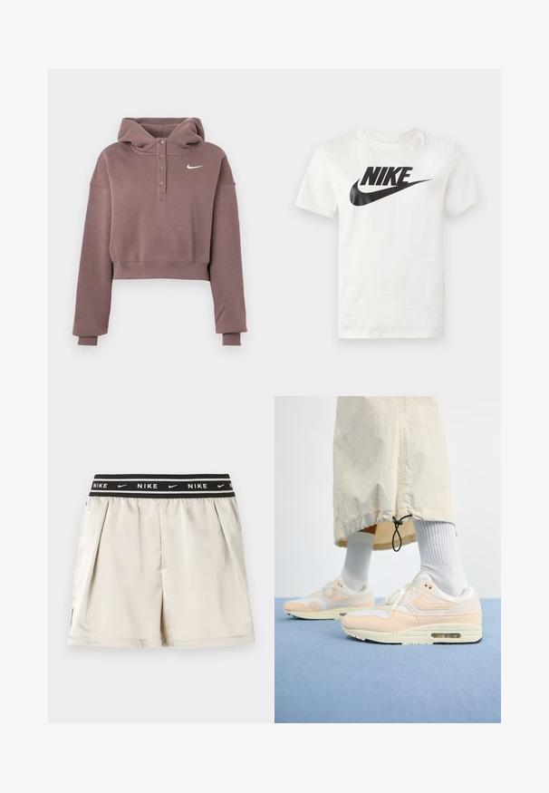 Lillat värvi lühendatud kapuutsiga pusa pika varruga, nööbitava plastrona, soonikkoes mansettide ja äärega ning valge Nike Swooshi logoga rinnal.; Valge lühikeste varrukatega T-särk, mille ees on must Nike'i logo ja Swoosh, mis paiknevad keskjoonel lihtsa tausta ees.; Heledad beežid Nike lühikesed püksid musta elastse vöökohaga, millel on valge Nike logo ja swoosh mustrid, kuvatud lihtsal taustal.; Kerged Nike Air Max 1 tennised on valge ja pehme virsiku ülemise osaga, mis on valmistatud võrkkangast ja nahast, nähtava õhuüksuse ning reljeefse tallaga.