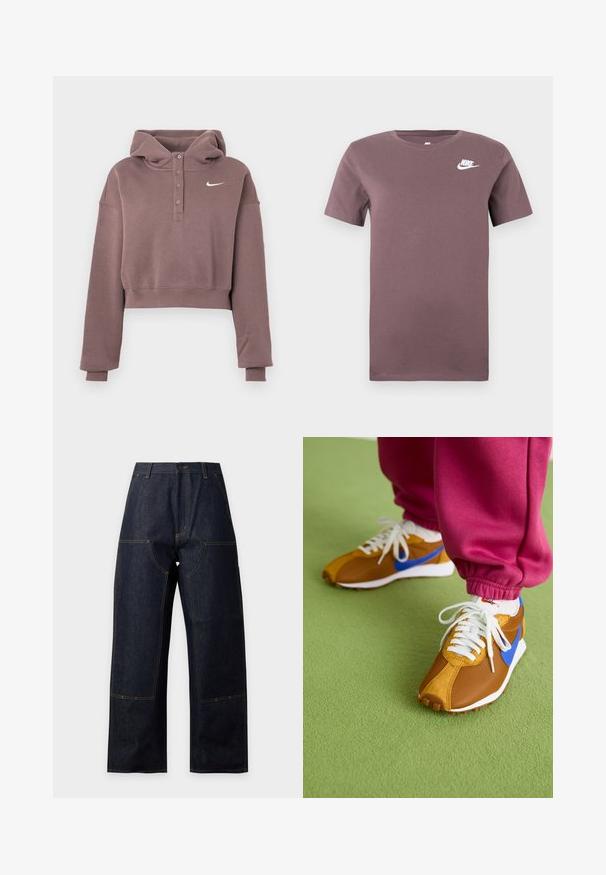 Mauve cropped hættetrøje med lange ærmer, knappet stolpe, ribbede manchetter og kant samt hvid Nike swoosh-logo på brystet.; Lilla Nike kortærmet crew neck t-shirt med hvidt Nike-logo på venstre bryst mod en ensfarvet baggrund.; Mørkeblå cowboybukser med vidde ben og høj talje, synlige gule syninger, knaplukning foran og store frontlommer med lap.; Brune og blå sneakers med en blanding af mesh og ruskindsmaterialer, prydet med hvide snørebånd og en tekstureret brun sål, placeret på grønne gulve.