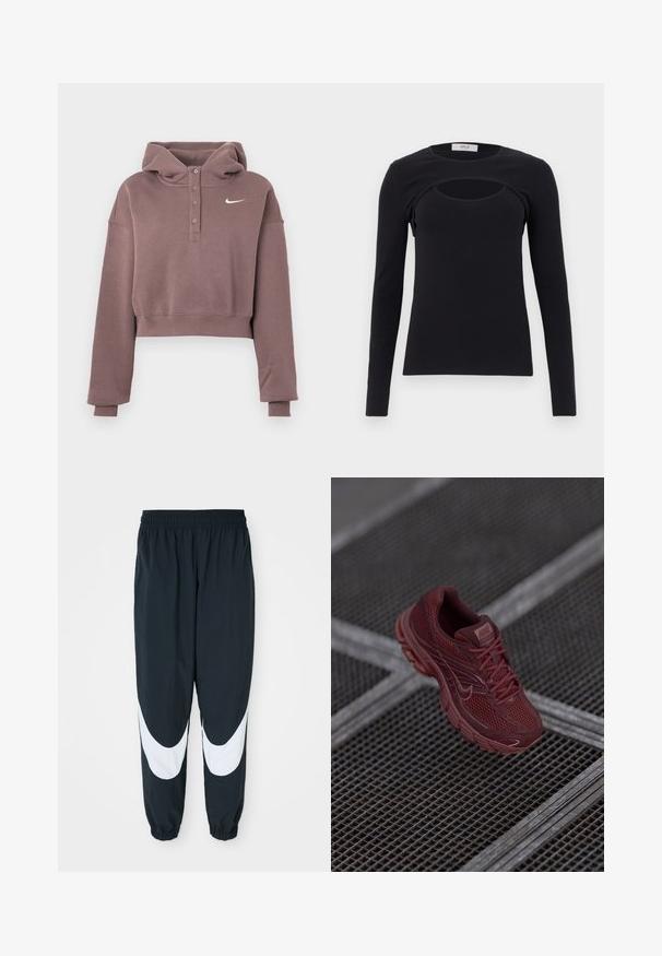 Fliederfarbenes, verkürztes Hoodie mit langen Ärmeln, geknöpftem Verschluss, gerippten Bündchen und Saum sowie weißem Nike Swoosh-Logo auf der Brust.; Schwarzes Langarmoberteil mit einem horizontalen Ausschnittdetail über der oberen Brust, Rundhalsausschnitt und figurbetonter Silhouette.; Schwarze Jogginghose mit weißen, gewölbten Einsätzen, elastischem Bund und gerafften Säumen, aus leichtem Stoff und mit lockerer Passform.; Roter Nike-Laufschuh mit einem Mesh-Obermaterial, strukturierten Details, gepolstertem Kragen und dicker Sohle, positioniert über einer rasternen Oberfläche.