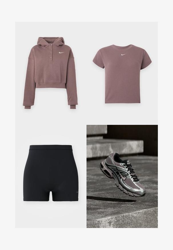 Fliederfarbenes, verkürztes Hoodie mit langen Ärmeln, geknöpftem Verschluss, gerippten Bündchen und Saum sowie weißem Nike Swoosh-Logo auf der Brust.; Mauve geripptes Kurzarm-Crop-Top mit Rundhalsausschnitt und kleinem weißen Nike-Logo zentriert unter dem Ausschnitt.; Schwarze Sportshorts aus glattem, elastischem Material, mit einem mittelhohen Bund und einem kleinen Nike-Logo auf der linken Seite.; Nike Air Max Laufschuh mit silbernem, schwarzem und lila Mesh, in der Luft schwebend über einer Betonfläche und Treppen.