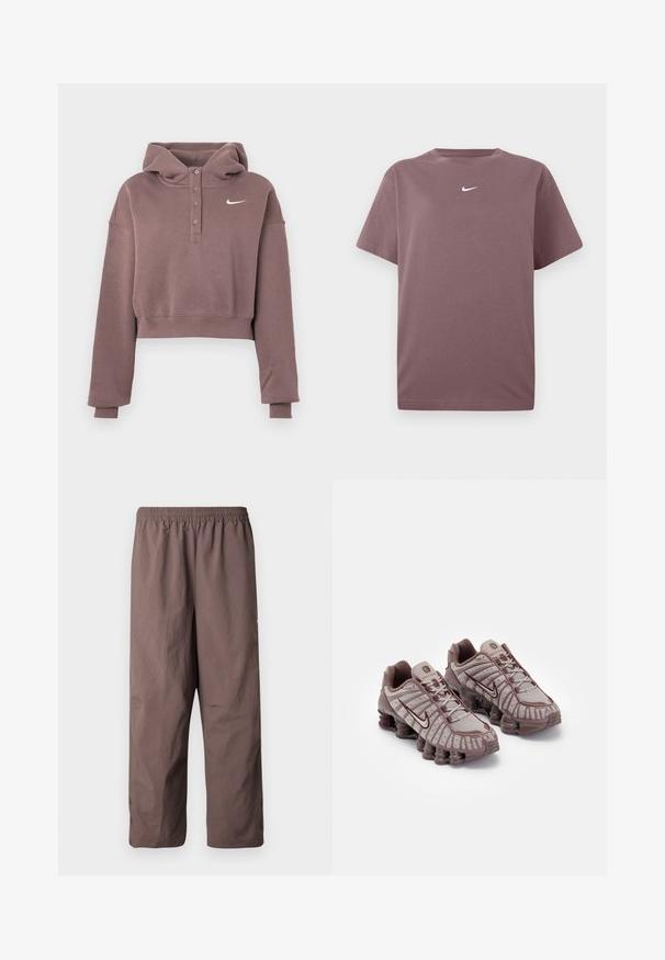 Fialovo-ružová krátka mikina s dlhými rukávmi, zapínaním na gombíky, rebrovanými manžetami a lemom, a bielym logom Nike na hrudi.; Jednoduché fialové tričko s krátkym rukávom a okrúhlym výstrihom s malým bielym Nike swooshom umiestneným v strede hrude, zobrazené na bielom pozadí.; Hnedé, ľahké nohavice s elastickým pásom, skrátenou dĺžkou a manžetami na gombíky. Hladká textúra s minimálnymi dizajnovými detailmi.; Nike Sportswear SHOX TL - Tenisky - pumice/night maroon/plum eclipse