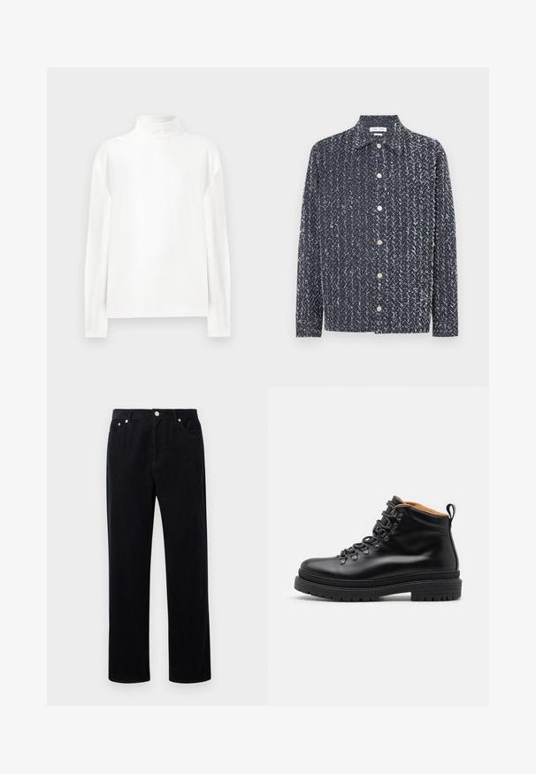 Hvid langærmet turtleneck top med en glat tekstur, der har en høj halsudskæring og drop skuldersømme for en afslappet pasform.; Marineblå skjorte med knapper og et tekstureret, mønstret stof med hvide accenter. Krave, lange ærmer og en løs pasform. Sølvfarvede knapper synlige.; Sorte fløjl bukser med lige ben-design, der har en knap- og lynlåslukning, fem lommer og et blødt, tekstureret stof.; Zign LEATHER - Snørestøvletter - black