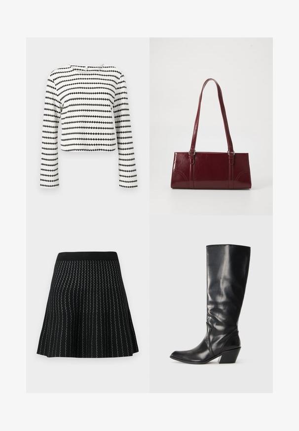 Top court blanc à manches longues avec des rayures zigzag horizontales noires et tissu texturé, avec un col rond.; Jupe noire en mailles texturées avec des rayures argentées en zigzag, conçue avec une silhouette évasée et une taille noire solide.; Botte en cuir noir montante jusqu'au genou avec un bout pointu, un talon angulaire et une texture lisse. Présente une subtile couture sur le côté.; Sac à main bordeaux en matériau brillant, de forme rectangulaire, avec deux anses et des accents légèrement courbés à l'avant.