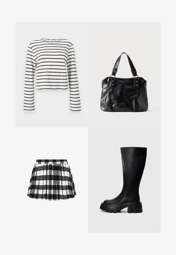 Top court blanc à manches longues avec des rayures zigzag horizontales noires et tissu texturé, avec un col rond.; Jupe à carreaux noir et blanc avec des plis, fabriquée en un textile doux avec une surface texturée et une taille ajustée.; Bottes noires montantes en cuir lisse avec une semelle épaisse, dotées d'un bout arrondi, de panneaux latéraux élastiques et d'un détail de couture subtil.; Sac à épaule en cuir noir avec double anses attachées par des anneaux et rivets dorés, surface lisse et légèrement brillante, design simple.