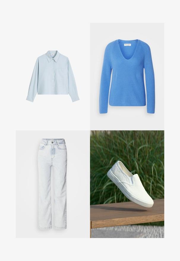 Marc O'Polo LONGSLEEVE V NECK - Πουλόβερ - shiny sky; Ανοιχτό μπλε κοντό πουκάμισο με κουμπιά, μακριά μανίκια, κλασικό γιακά, μπροστινή τσέπη και ομαλή υφή υφάσματος.; Ανοιχτό μπλε ψηλόμεσα τζιν με ίσια γραμμή, κατασκευασμένα από τζιν ύφασμα. Διαθέτει κουμπωτό κλείσιμο, πέντε τσέπες και διακριτική απαλή υφή.; Λευκό αθλητικό παπούτσι χωρίς κορδόνια με κεντήματα λουλουδιών, αιωρείται πάνω από ξύλινο πάγκο, με πράσινα φύλλα στο φόντο.