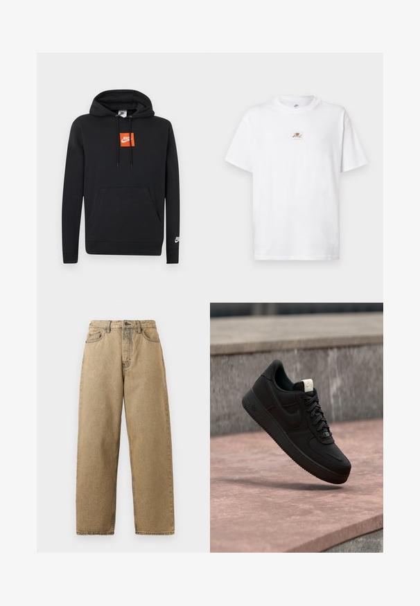 Schwarzer Nike-Hoodie mit Fronttasche, orangefarbenes quadratisches Nike-Logo auf der Brust, weißes Nike-Logo am linken Ärmel und verstellbarem Kordelzug an der Kapuze.; Weißes Baumwoll-T-Shirt mit rundem Ausschnitt und kurzen Ärmeln. Verfügt über ein kleines braunes und weißes Logo-Patch auf der Brust.; Beige Denim-Jeans mit geradem Bein, ausgestattet mit einem Reißverschluss, Gürtelschlaufen und kontrastierenden Nähten. Keine auffälligen Muster oder Hardware-Details.; Schwarzer Nike Air Force 1 Sneaker, der über einer rosa Betonkante mit grauem Stein-Hintergrund schwebt und Seiten- sowie Oberseiten-Details zeigt.