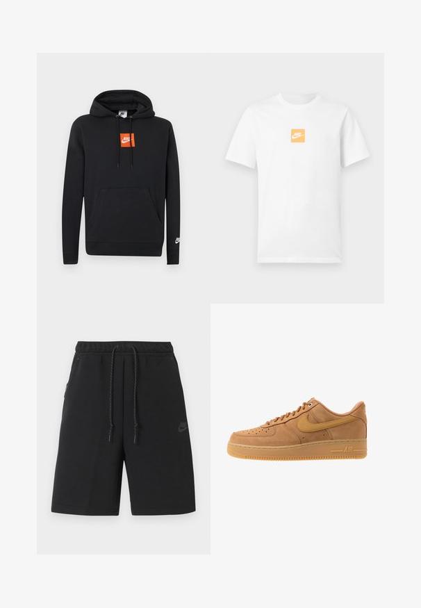 Μαύρο φούτερ Nike με μπροστινή τσέπη, πορτοκαλί τετράγωνο λογότυπο Nike στο στήθος, λευκό λογότυπο Nike στο αριστερό μανίκι και κουκούλα με ρυθμιζόμενο κορδόνι.; Λευκό κοντομάνικο βαμβακερό μπλουζάκι με μικρό πορτοκαλί τετράγωνο στο στήθος που περιέχει λευκό λογότυπο της Nike και το swoosh.; Μαύρο αθλητικό σορτς Nike με ελαστική μέση, κορδόνι ρύθμισης, πλαϊνές τσέπες και διακριτικό λογότυπο στο αριστερό μηρό.; Nike Sportswear AIR FORCE 1 07 - Αθλητικά παπούτσια - flax/wheat/light brown/black/team gold