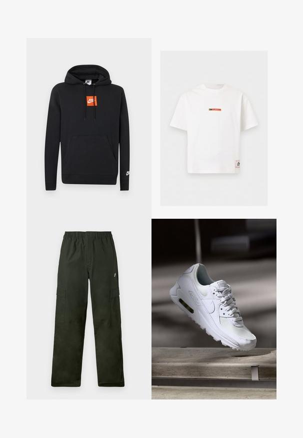 Musta Nike-huppari etutaskulla, oranssi neliömäinen Nike-logo rinnassa, valkoinen Nike-logo vasemmassa hihassa ja säädettävä kiristysnauhalla varustettu huppu.; Valkoinen Nike lyhythihainen T-paita, jossa pieni musta ja punainen "Fussball" logo rinnassa ja suorakaiteen muotoinen etiketti lähellä alareunaa.; Vihreät cargo-housut joustavalla vyötäröllä, joissa on kaksi sivutaskua ja pieni logo edessä.; Valkoiset Nike Air Max 90 -lenkkarit, joissa on verkko- ja nahkapinta, rei'itetty kärki ja näkyvä ilmayksikkö kantapäässä.