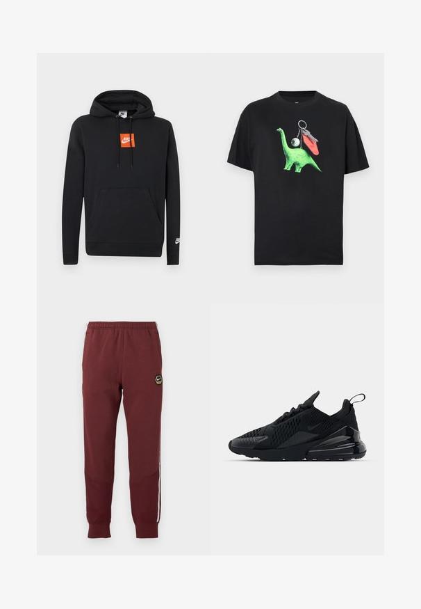 Sort Nike hættetrøje med frontlomme, orange kvadratisk Nike-logo på brystet, hvid Nike-logo på venstre ærme og justerbar snørets hætte.; Sort T-shirt med et grønt dinosaurmotiv, inklusive et øje og nøgleringsdetaljer. Designet er legende og moderne, velegnet til afslappet brug.; Mørkerøde sweatpants med et sekskantet Nike-logo, elastisk talje, to sidelommer og hvide sidelommer. Tekstureret stof med tapered ben-design.; Sorte Nike Air Max 270 sneakers med en struktureret overdel, mesh-paneler og en blank hæl med en fremtrædende luftdæmpningsenhed.