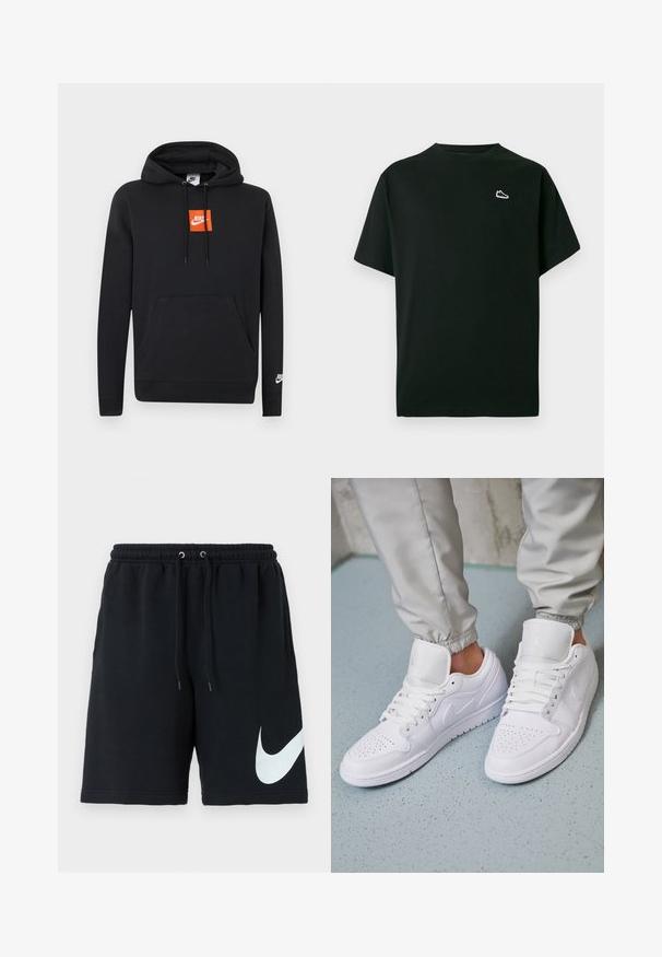 Μαύρο φούτερ Nike με μπροστινή τσέπη, πορτοκαλί τετράγωνο λογότυπο Nike στο στήθος, λευκό λογότυπο Nike στο αριστερό μανίκι και κουκούλα με ρυθμιζόμενο κορδόνι.; Μαύρο βαμβακερό t-shirt με στρογγυλή λαιμόκοψη, κοντά μανίκια και μικρό λογότυπο λευκού αθλητικού παπουτσιού στο αριστερό στήθος. Μαλακή υφή, άνετη εφαρμογή.; Μαύρες βαμβακερές σορτς με ελαστική μέση, κορδόνι, πλαϊνές τσέπες και μεγάλο λευκό λογότυπο Nike εκτυπωμένο στην αριστερή πλευρά.; Λευκά δερμάτινα αθλητικά παπούτσια με περφοραρισμένο μπροστινό μέρος, επίπεδα κορδόνια, μαλακή επένδυση στον αστράγαλο και το λογότυπο Jordan στην γλώσσα. Φοριούνται με γκρι φόρμες.