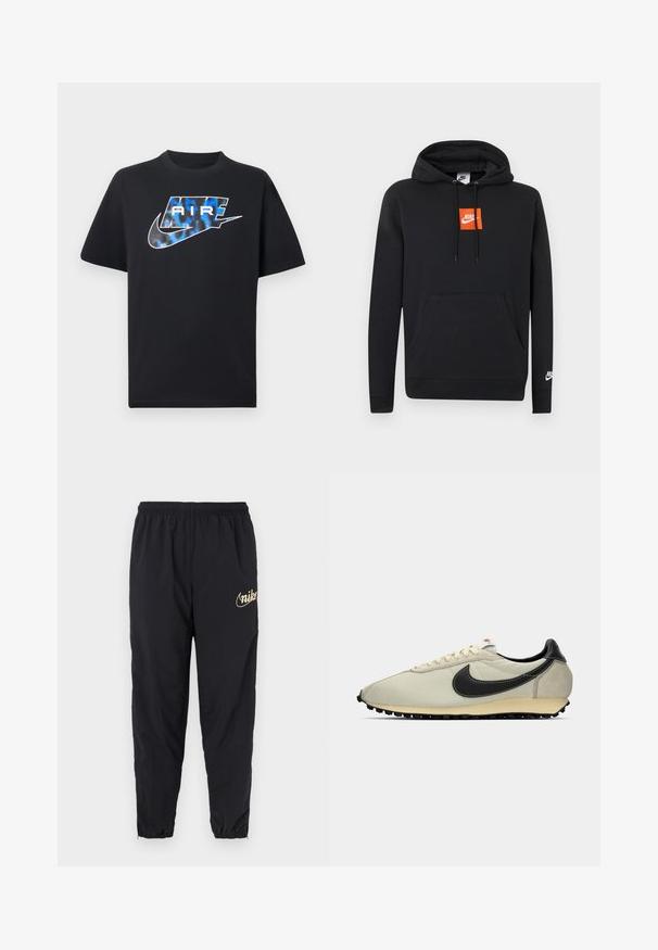 Črna Nike jopa s kapuco, sprednji žep, oranžen kvadratni Nike logotip na prsih, bel Nike logotip na levem rokavu in nastavljiva kapuca z vrvico.; Črna majica s kratkimi rokavi z modrim in belim stiliziranim napisom "AIR" ter logotipom Nike Swoosh na prsih.; Črne športne hlače iz lahkega materiala. Imajo elastičen pas in ovrnjene robove. Zlata logos oznaka na stegnenici.; Bež platneni športni copat z črnimi usnjeni detajli, zaobljenim nosom, ravnim črnim podplatom in belimi vezalkami. Ima izrazit črn logotip.