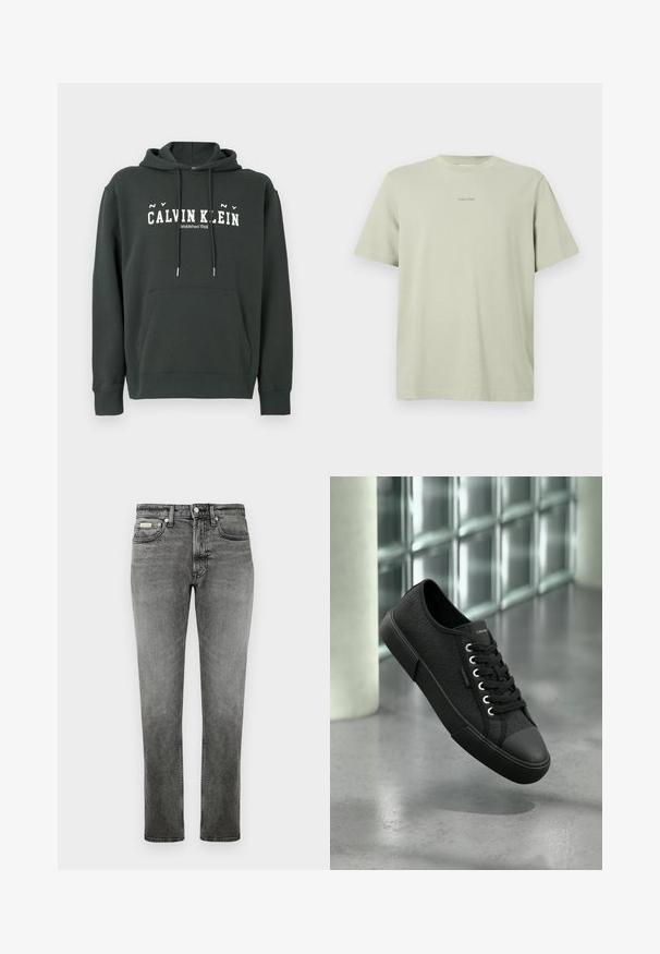 Dunkelgrüner Baumwoll-Hoodie mit Kängurutasche, Kapuze mit Kordelzug und weißem "CALVIN KLEIN"-Logo. Mit gerippten Bündchen und Saum.; Hellgrünes Baumwoll-T-Shirt mit Rundhalsausschnitt, kurzen Ärmeln und einem kleinen Calvin Klein-Logo in einer dunkleren Farbe, das auf der Brust gedruckt ist.; Graue gerade geschnittene Jeans aus Denim mit Vordertaschen, Gürtelschlaufen, Knopfverschluss und dezenten Ausbleichungen.; Schwarzer Sneaker mit niedrigem Schaft und strukturiertem Muster, schwarzer Sohle und Schnürsenkeln, schwebt über einem polierten Betonboden in der Nähe von Glasbausteinen.
