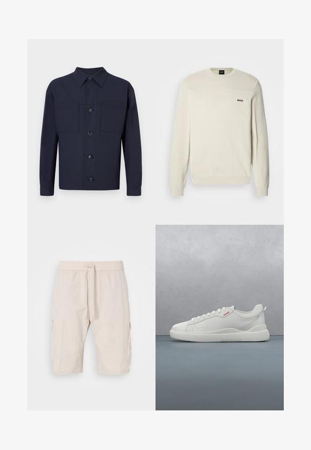 Cremefarbener Pullover mit Rundhalsausschnitt, strukturiertem Stoff, gerippten Bündchen und Saum. Mit einem schwarzen "BOSS"-Logo auf der Brust.; Dunkelblaue knopffrontjacke aus einem Stoff mit glatter Textur. Verfügt über zwei Brusttaschen und einen spitzen Kragen, mit vier vorderen Knöpfen.; Beige Cargo-Shorts mit einem elastischen Bund und Kordelzug, ausgestattet mit zwei Seitentaschen und einem glatten, leichten Stoff.; Weiße Sneaker aus glattem Leder, runde Spitze, vier Ösen, dezente Perforationen und ein rotes Logodetail an der Seite.