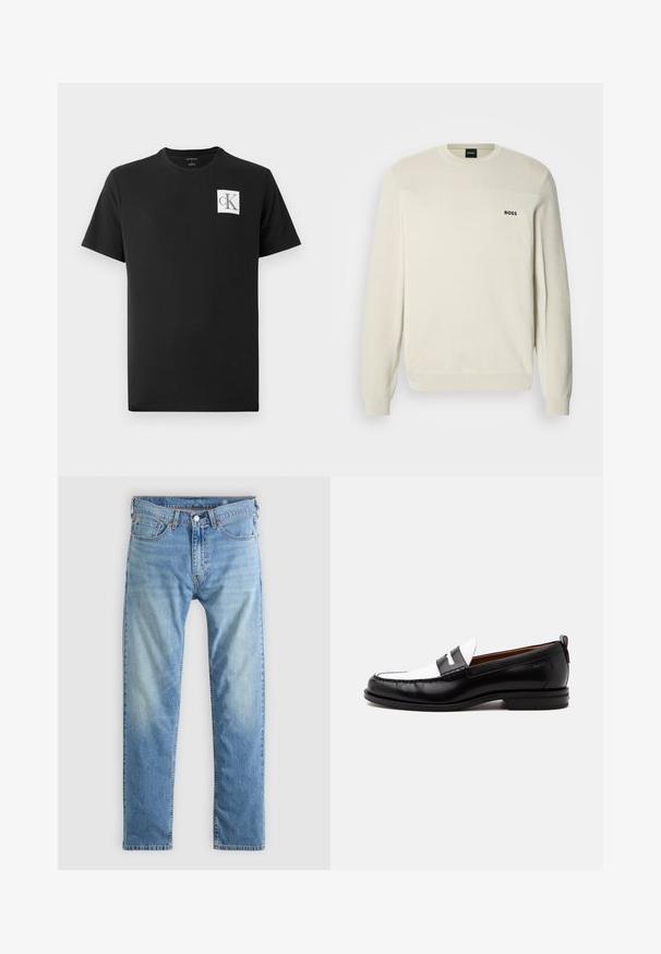Suéter crema con cuello redondo, tejido texturizado, puños y dobladillo en canalé. Presenta un logo negro "BOSS" en el pecho.; Camiseta de algodón negra con mangas cortas y cuello redondo. Presenta un logo cuadrado blanco con "CK" en negro en el lado izquierdo del pecho.; Vaqueros de mezclilla azul claro con un diseño de pierna recta, con costuras naranjas, cinco bolsillos y cierre de botón.; Mocasín de cuero blanco y negro con detalles cosidos, tacón bajo y diseño tipo slip-on, mostrado de lado sobre un fondo liso.