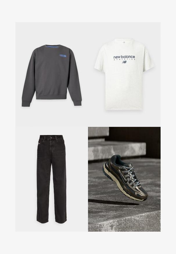 Tmavosivá mikina s okrúhlym výstrihom, dlhými rukávmi a malým modrým logom The North Face na hornej ľavej časti hrudníka.; Biele krátke rukávy, tričko s okrúhlym výstrihom, na prednej strednej časti tmavomodro potlačený nápis "new balance ATHLETICS" a logo "NB".; Čierne deninové nohavice s širokými nohavicami a vysokým pásom, predným zapínaním na gombík, dvoma bočnými vreckami a jemnými švom.; Tmavá kovová a čierna bežecká obuv Nike s béžovou podrážkou vznášajúca sa nad sivými betónovými schodmi.